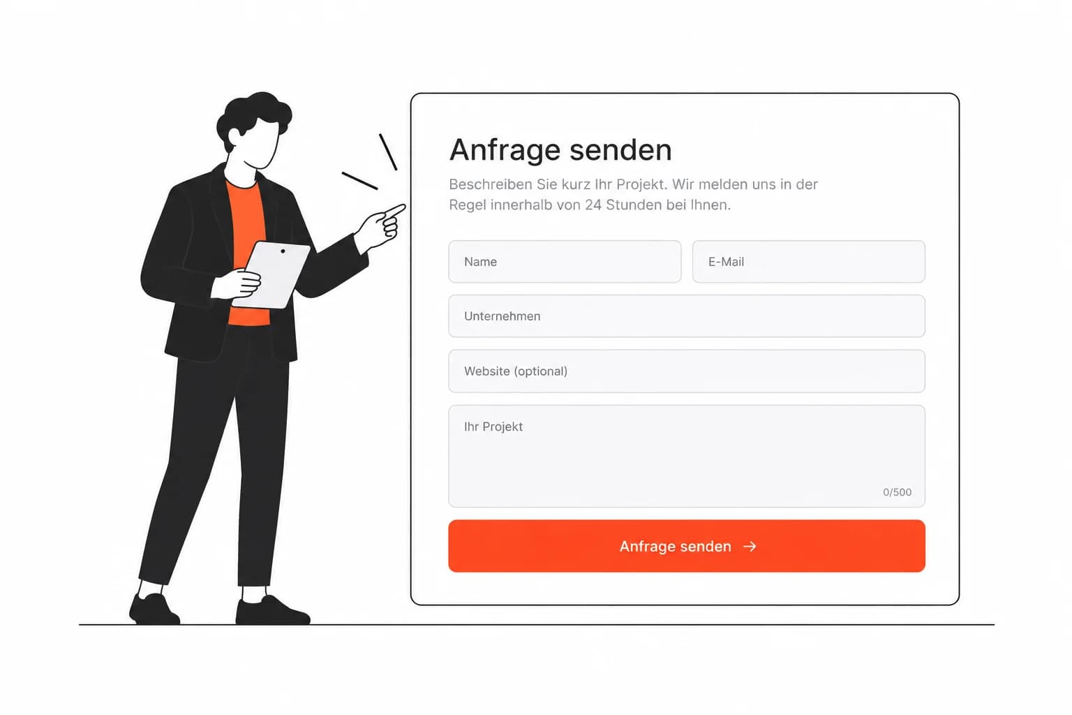 Illustration: Person zeigt auf ein kurzes Anfrageformular