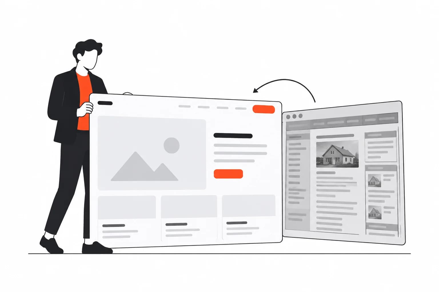 Illustration: Person vergleicht eine alte und eine neue Website